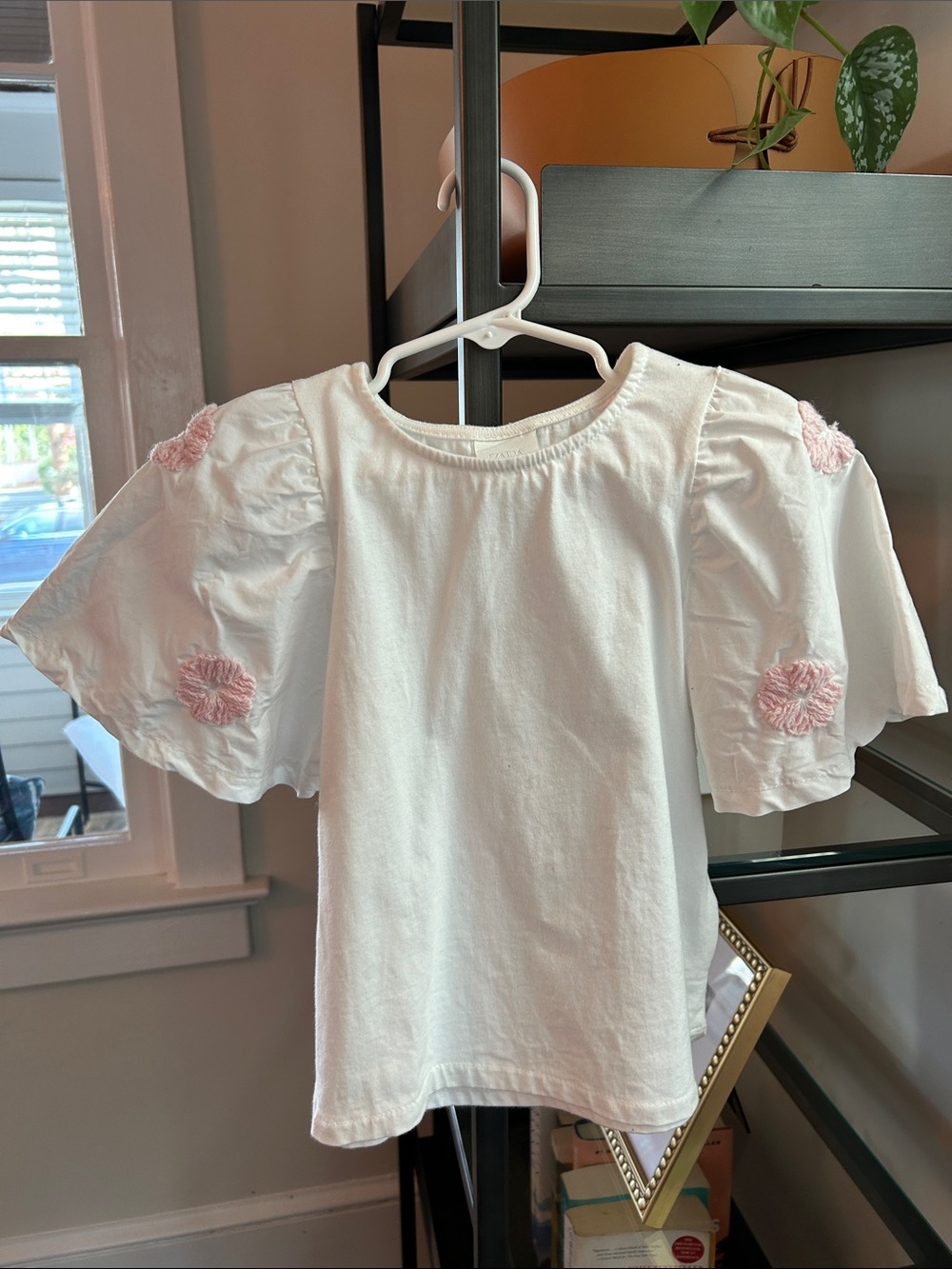 Only worn once! Zara White Short-Sleeve Top with Pink Rosette Details